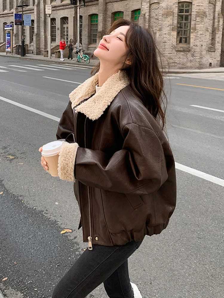 LANMREM Motorcycle Leather Fur Integrated Lamb Wool Coat For Women Lapel Long Sleeves Cool Coats 2024 Autumn Winter New 2DB1057X241018