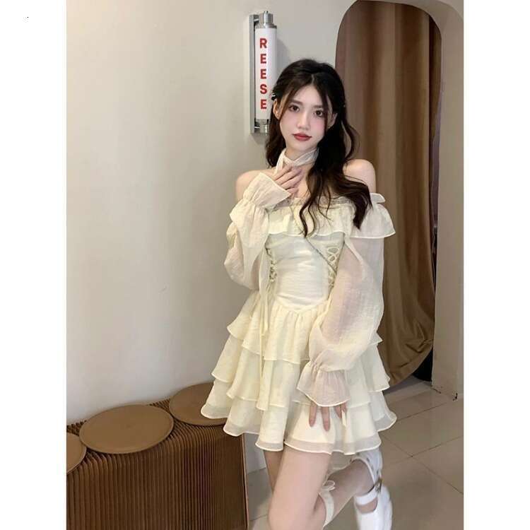Long Sleeve Elegant Mini Lolita Pure Color Short Party Woman Casual 2024 Spring Sweet One Piece Dress Korean Fashion
