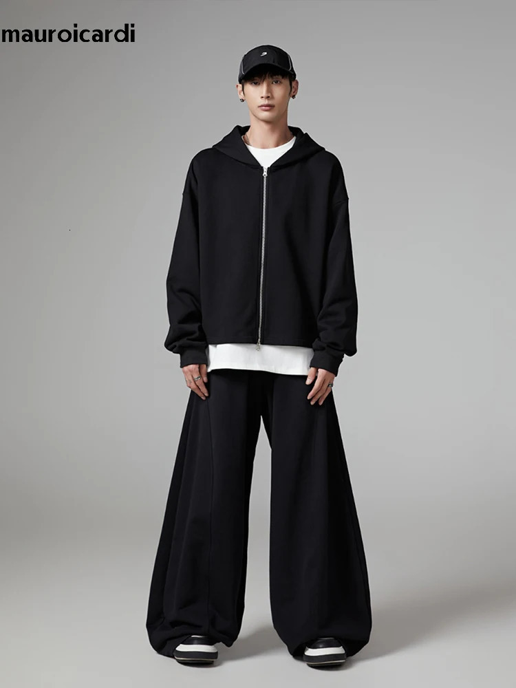Mauroicardi Autumn Black Flowy Baggy Wide Leg Pants for Mens with Drawstring Elastic Waist Streetwear Loose Casual Soft Trousers 241018