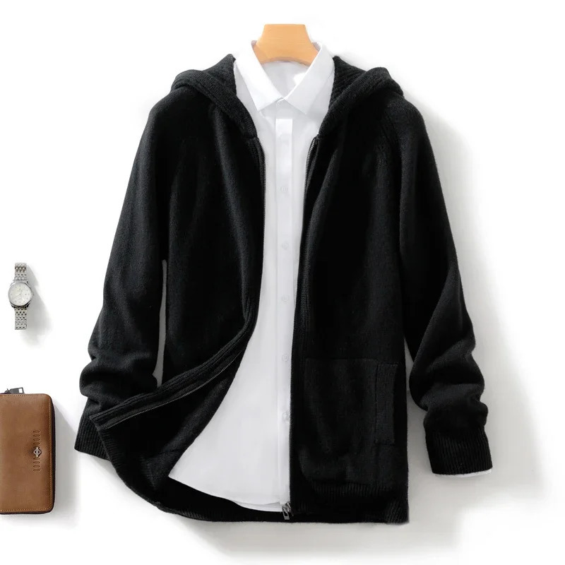 Spring 100% Merino Wool Sweater Mens Hooded Zipper Cardigan Business Casual Knitted Solid Color Jacket Long sleeved Top 241018