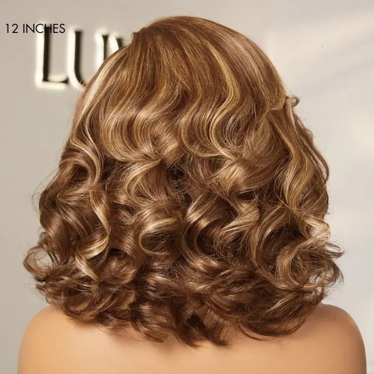 Tewjig 12 14 Inch Honey Blonde Highlight Bouncy Loose Body Wave Glueless 13X4 Frontal Lace Wig 100% Human Remy Hair