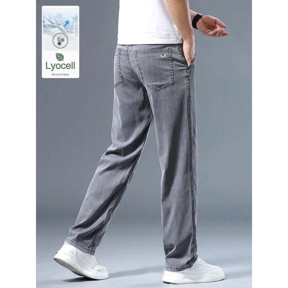Summer Men's Lyocell Baggy Jeans Thin Soft Drape Business Casual Trousers Classic Gray Brand Straight Ice Silk Pants