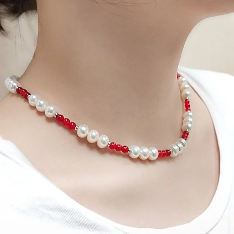 Minar INS Fashion Red Agate Natural Stone Freshwater Pearl Bead Necklace Womens Silver Plated Copper Chain Necklace 241018