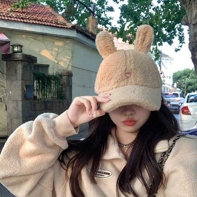 Cute Rabbit Ears Baseball Cap for Women Autumn Winter Warm Hat Girls Lambs Wool Duck Tongue Hat Warm Baseball Hat GiftX241018