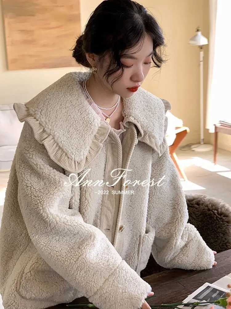 Loose Cute Lace Ruffled Collar Doll Plush Coat Wool Jacket Autumn Winter Lamb wool coatX241018