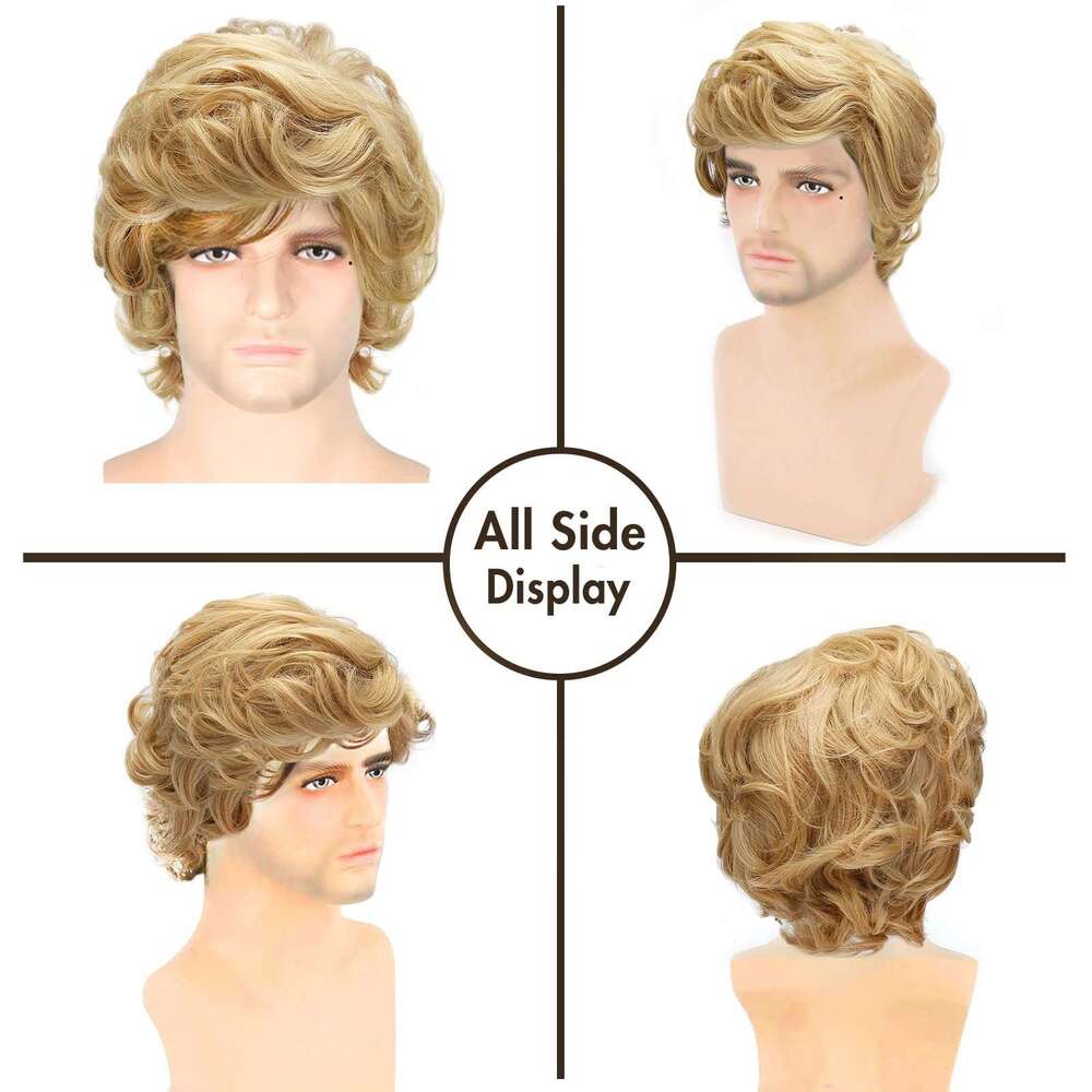 Men's Set With Golden Curls, Men's Short Curly Hair Full Head Wig
