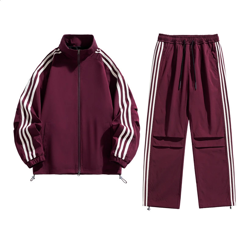 Youth Waterproof Suit Autumn Classic Striped Two Pieces Set Men Stand Collar Top Casual Jogging Outdoor Sweatpants Couple Sports 241017