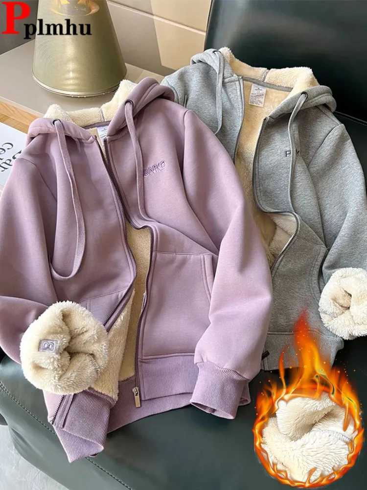 Thick Lambwool Lined Hooded Jackets Coats Fall Winter Loose Chaquetas Casual Candy Color Casaco Tops Korea Fahsion Women JaquetaX241018