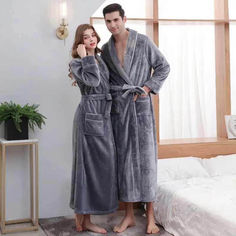 Men Luxury Winter Super Long Thick Warm Pocket Flannel Bathrobe Plus Size Fleece Kimono Bath Robe Couple Night Dressing GownXJ241018