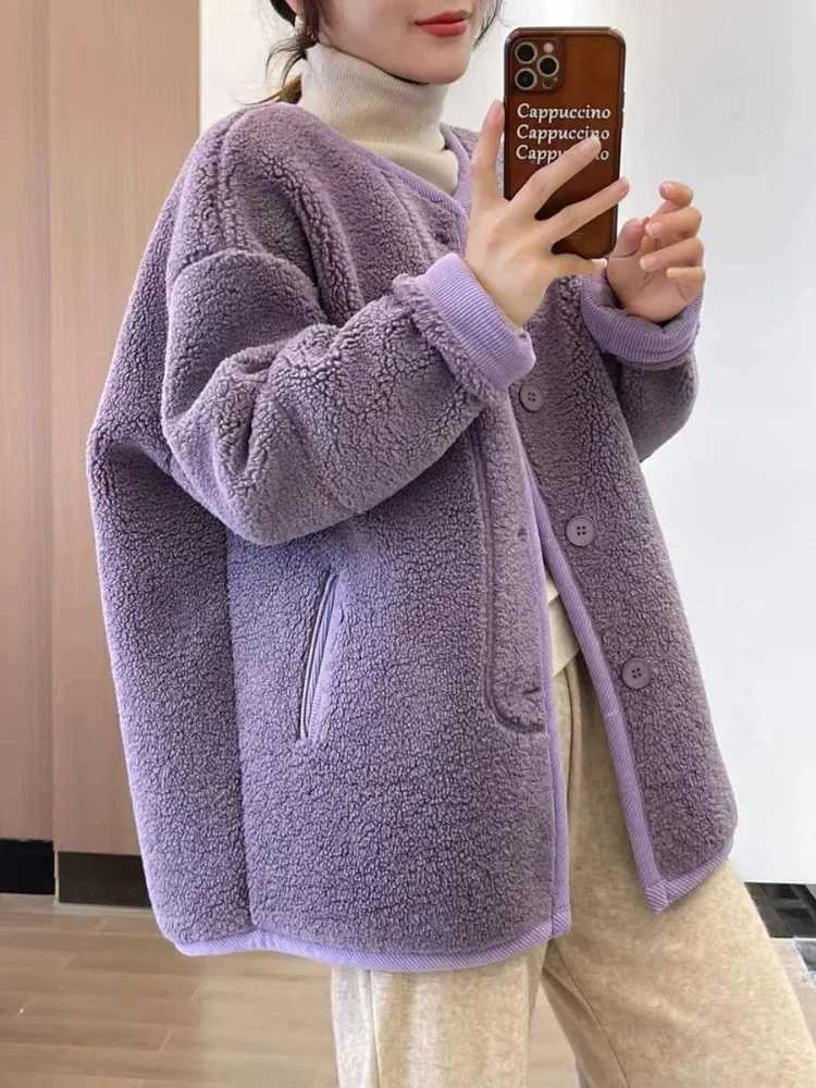Woman Clothing Autumn Winter New V Neck Plush Jacket Korean Fashion Lamb Wool Womens Coat Taro Purple Solid Warm JacketsX241018