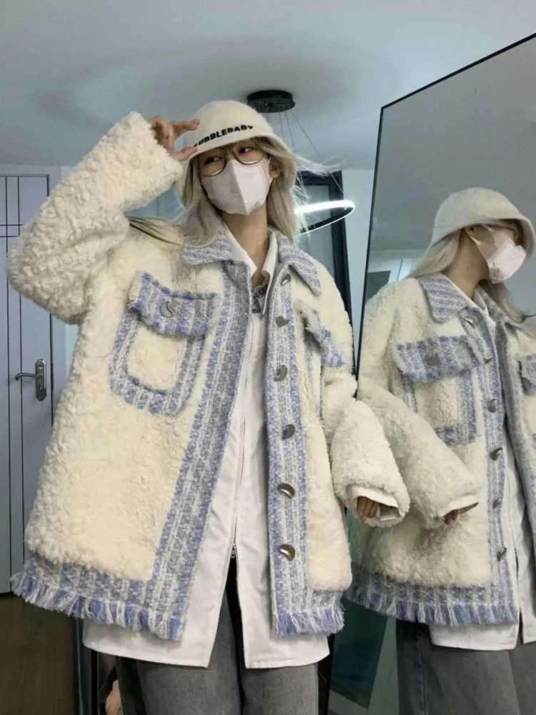 Women Vintage Faux Lamb Coat Autumn Winter Harajuku Patchwork Loose Stitching Cotton-Padded Clothes Female Warm Jacket OuterwearX241018