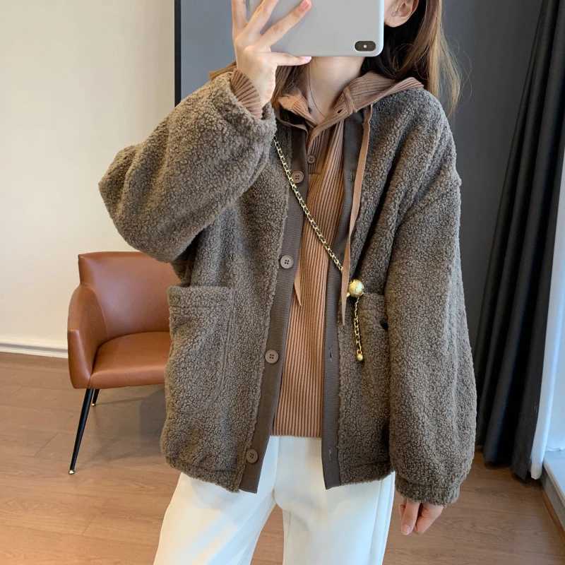2024 New Casual Lamb Wool Jacket For Women Autumn Winter Solid Fleece Baseball Coat Simple Long Sleeved Cardigan Velvet OvercoatX241018