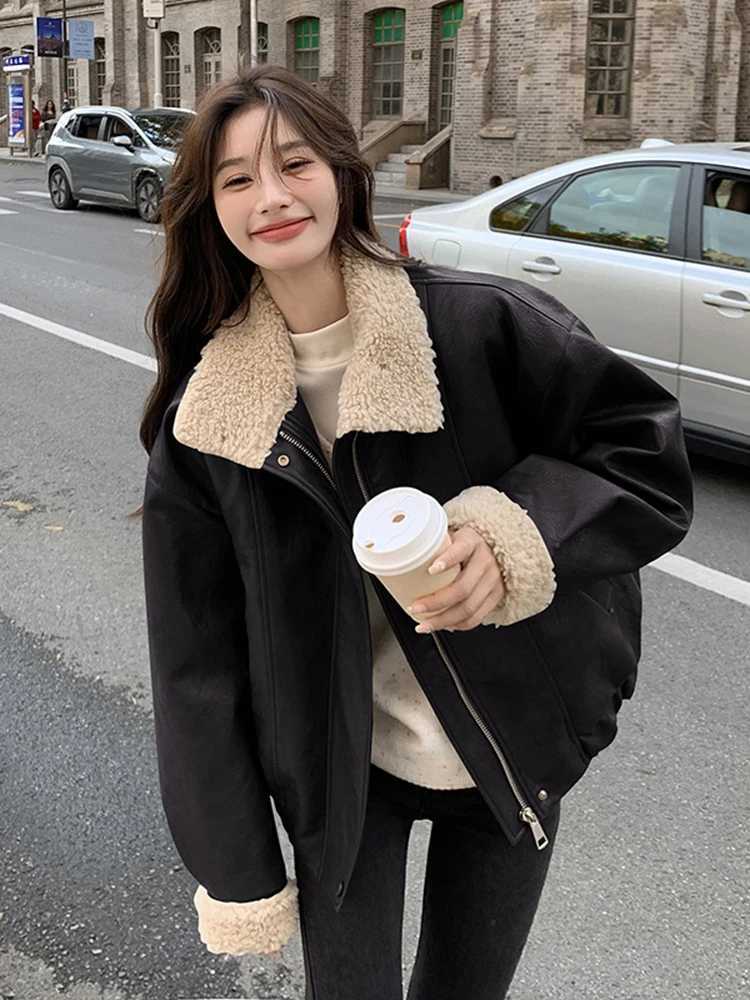 LANMREM Motorcycle Leather Fur Integrated Lamb Wool Coat For Women Lapel Long Sleeves Cool Coats 2024 Autumn Winter New 2DB1057X241018