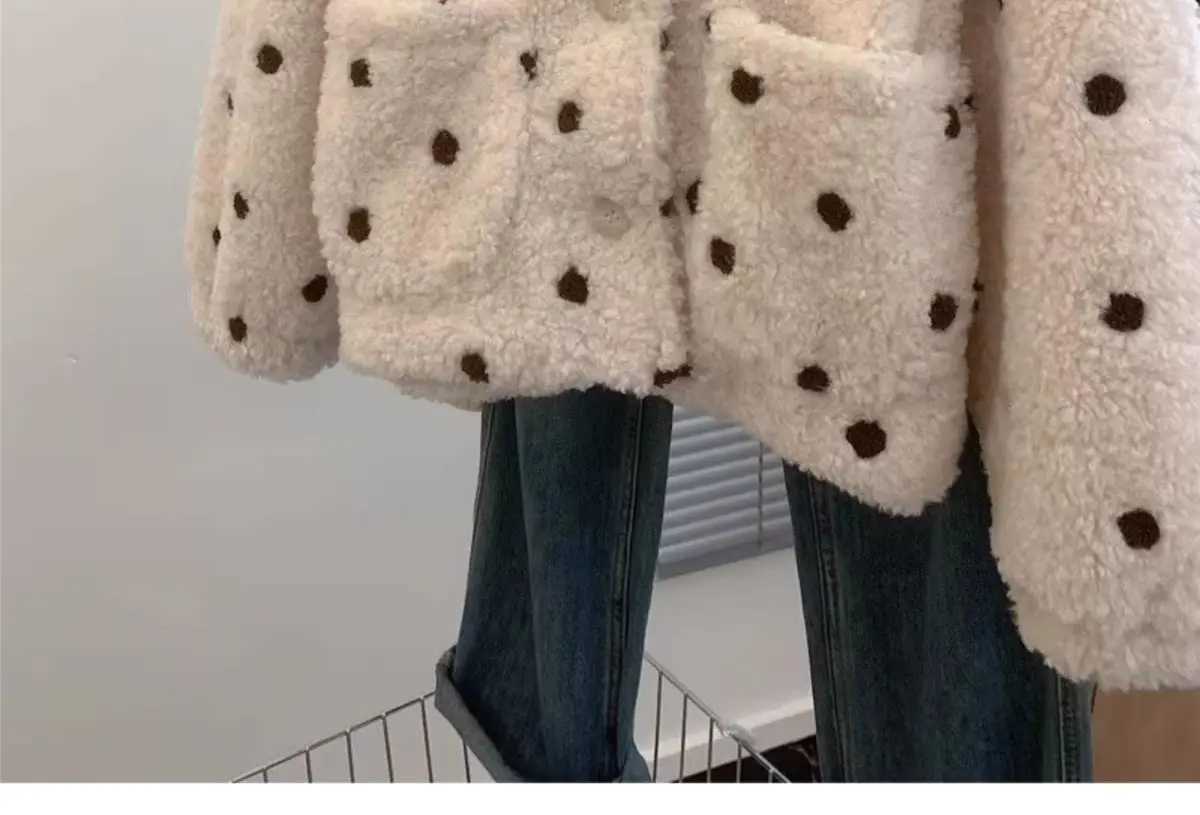 Women Winter Clothing Loose Warm Thickened Jackets Winter Coat Fashion Color Contrast Splicing Collar Polka Point Lamb Wool CoatX241018