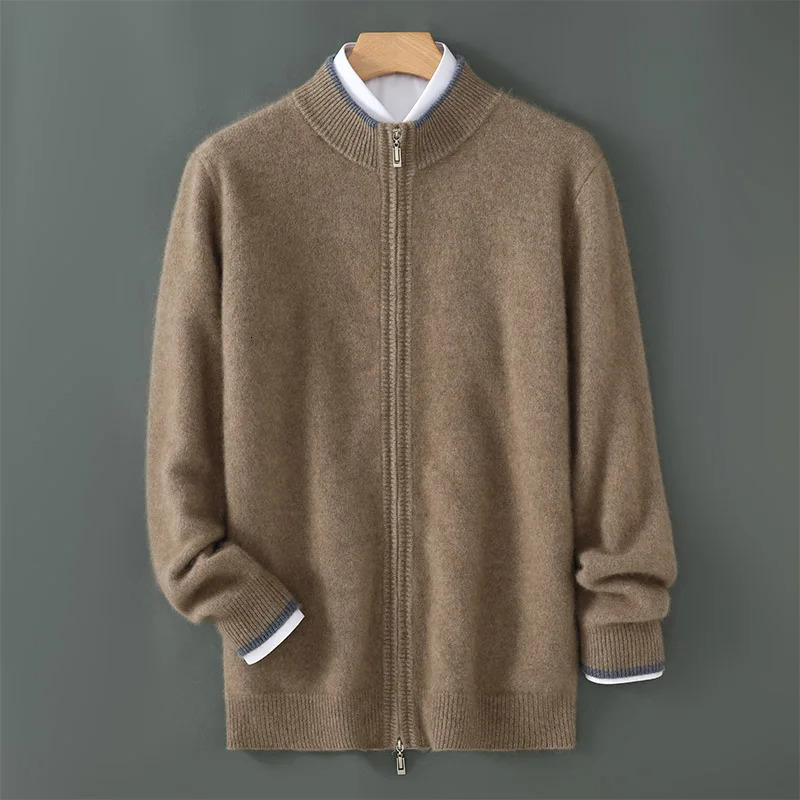 Autumn And Winter Mens Cashmere Sweater SemiHigh Collar Zipper Cardigan Sports Casual Color Matching Knitted Wool Coat 241018