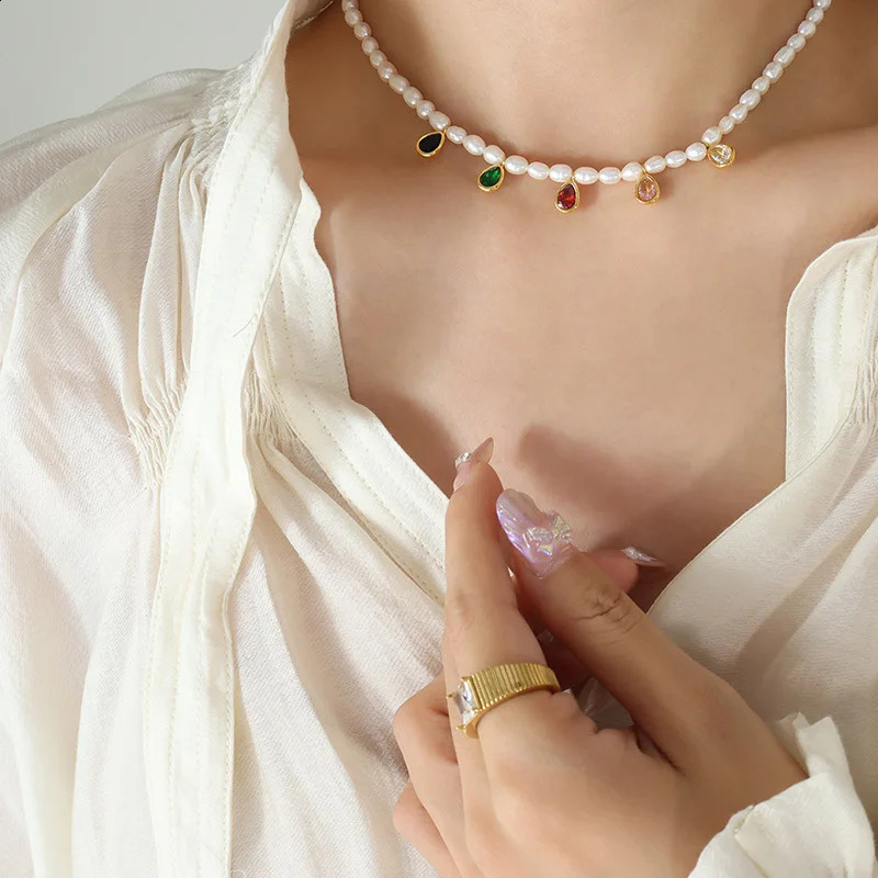 Womens Water Drop Tassel Necklace Crystal Stone Freshwater Pearl Beads Stainless Steel Waterproof Charm Jewelry 241018