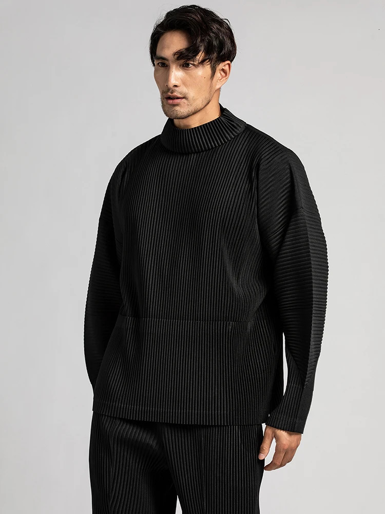 Miyake pleated mens hooded sweatshirt with large pockets turtle neck loose fit and oversized floral n sports shirt 241010