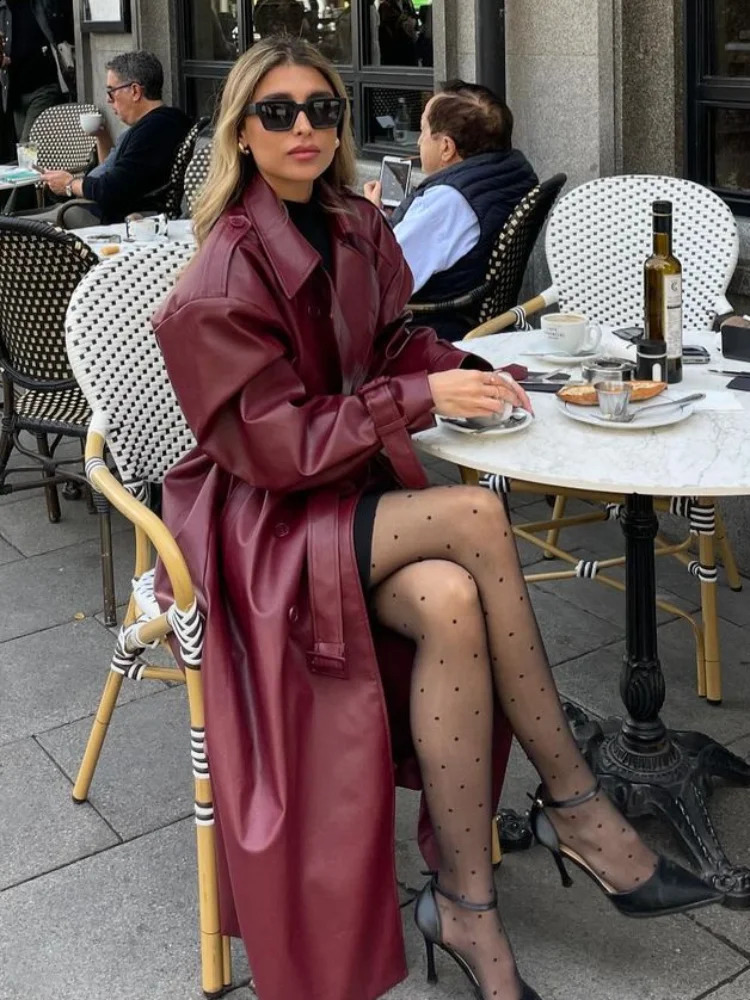 2024 Chic Burgundy Lace Up Oversized Leather Long Coats Womens Elegant Double Breasted Solid Jackets Lady Chic Outerwear 241017