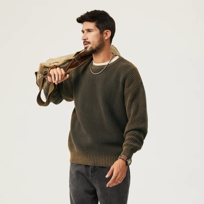 Autumn mens work style knitwear casual loose large size gradient sweater patch round neck pullover tops 241018