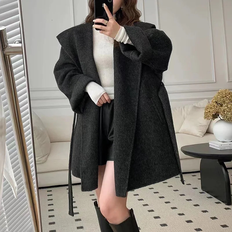 Autumn Winter Real Wool Coat Soft Medium Length Hooded Women Fashion Belted Loose 241018