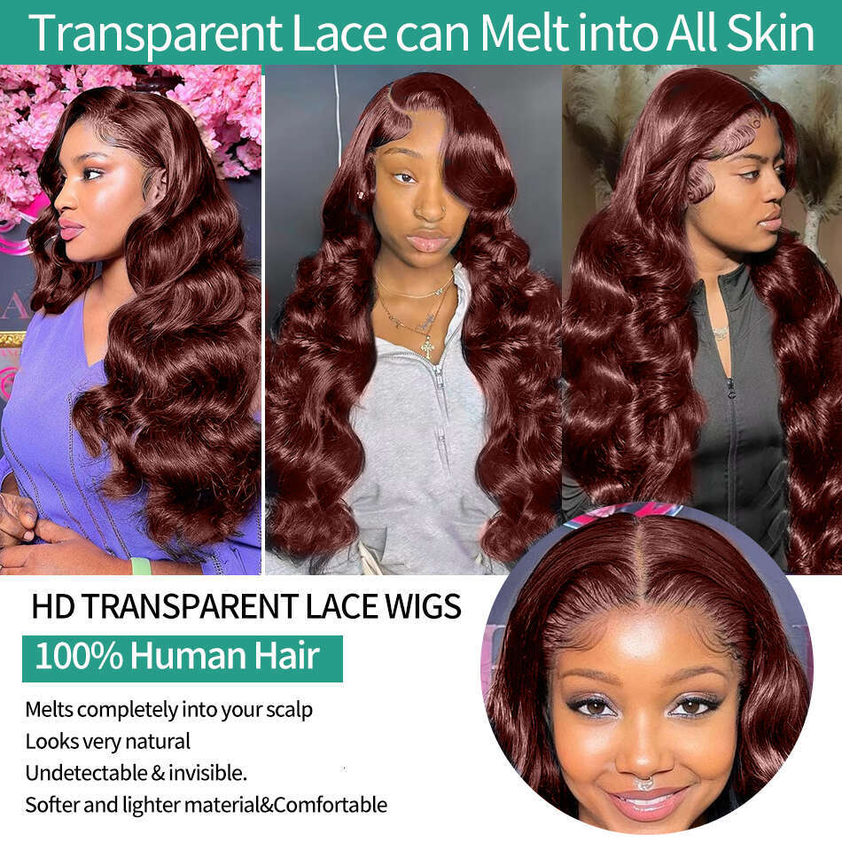 220% HD Reddish Dark Red Brown Body Wave 13x6 Front Human Wigs 13x4 Lace Frontal Wig Brazilian Remy Hair