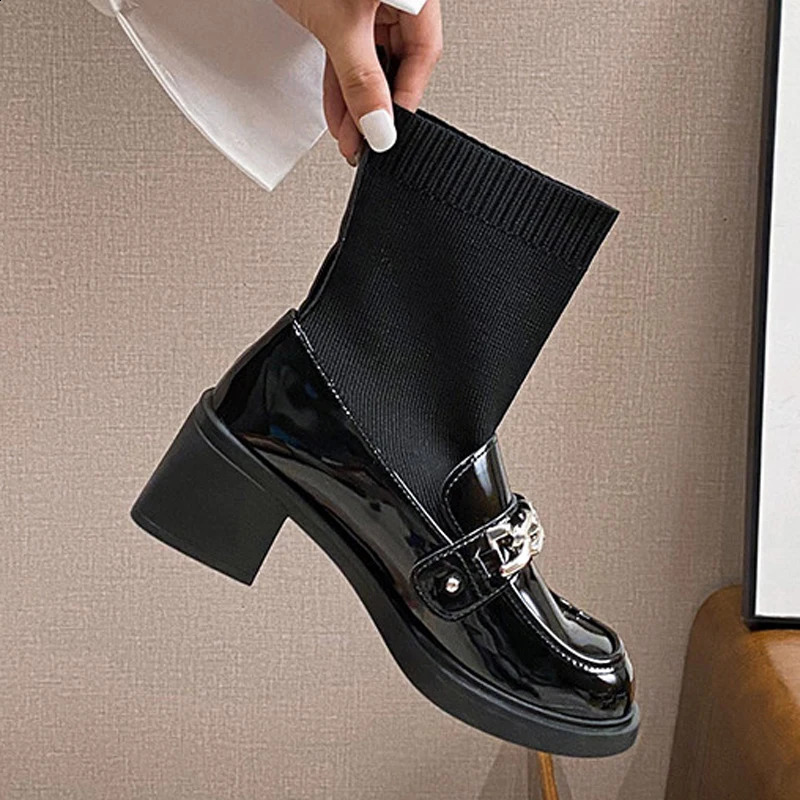 Women Chunky High Heels Boots Winter ShinyMatte Leather Sock Botas Mujer Stretch Slip On Femme Chain Chelsea Ankle Botines 241010