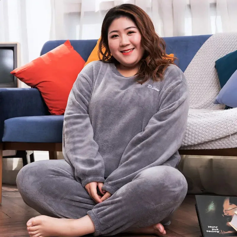 Winter Sleepwear Coral Velvet Warm Sleepwear Set Thick Long Sleeve Large Size 85kg Outer Sleepwear Elastic Waist Trouser Sleepwear Set 241009