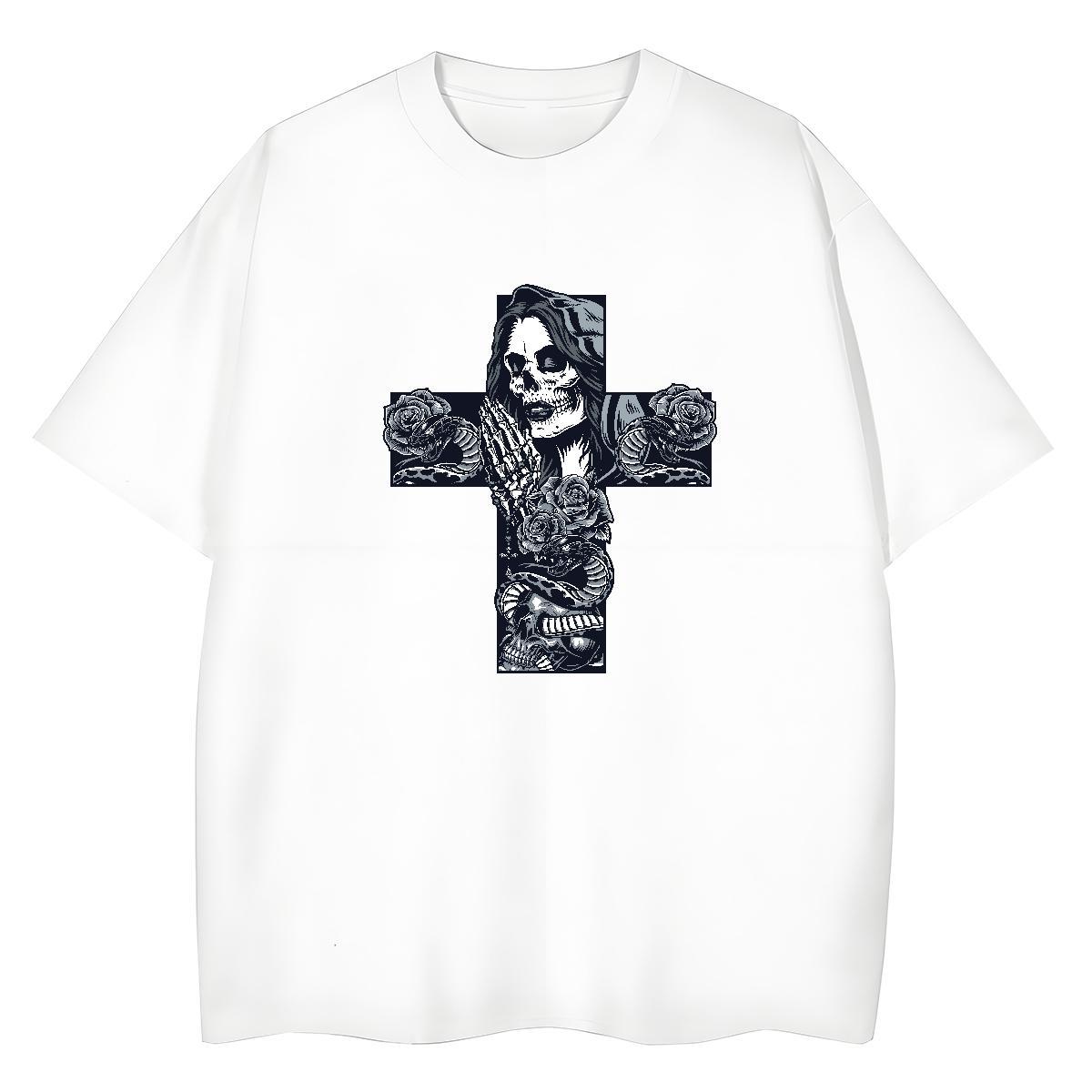 Casual New T shirt 230g Pure Cotton Round Neck Short Sleeve Daily Wear skull Woman Tshirt Popular Black Oversized Tops Tees