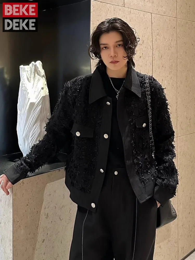 Fashion Mens n Tassels Black Jacket Single Breasted Loose Fit Casual Outerwear Long Sleeve TurnDown Collar Short Coat Male 241018