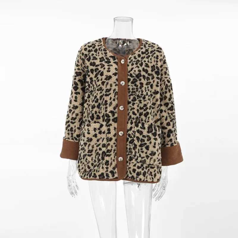 HOUZHOU Leopard Print Lamb Wool Coats Women 2024 Winter High Street Vintage Y2K Polar Fleece Loose O-Neck Button Warm JacketX241018