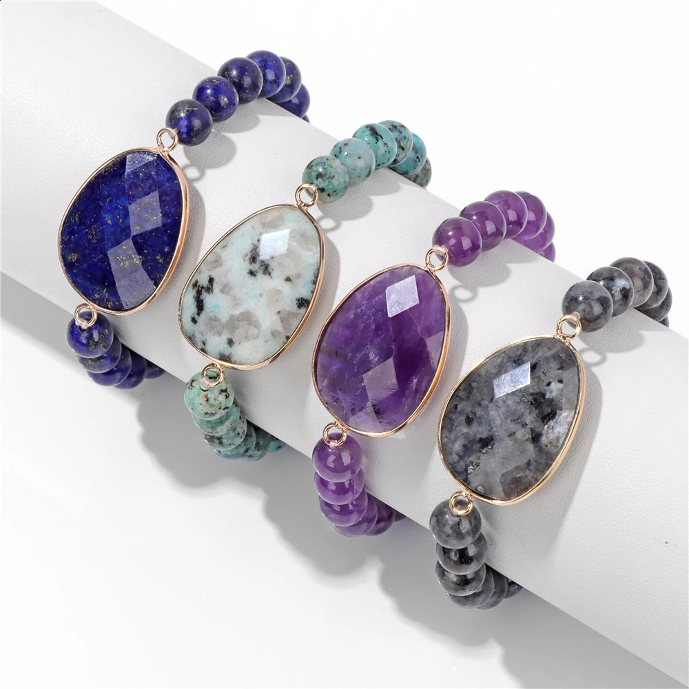 Irregular lapis lazuli charm bracelet natural stone amethyst Labrador stone black agate bead elastic bracelet 241018