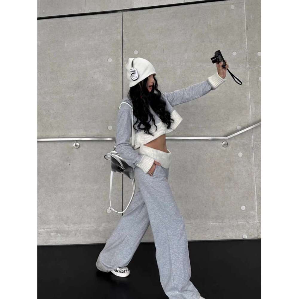 Casual All-Match Gray Hoodie Sweatshirts Coat Women+ Y2k High Waist Loose Wide Leg Pants 2024 Autumn New Two Piece Sets