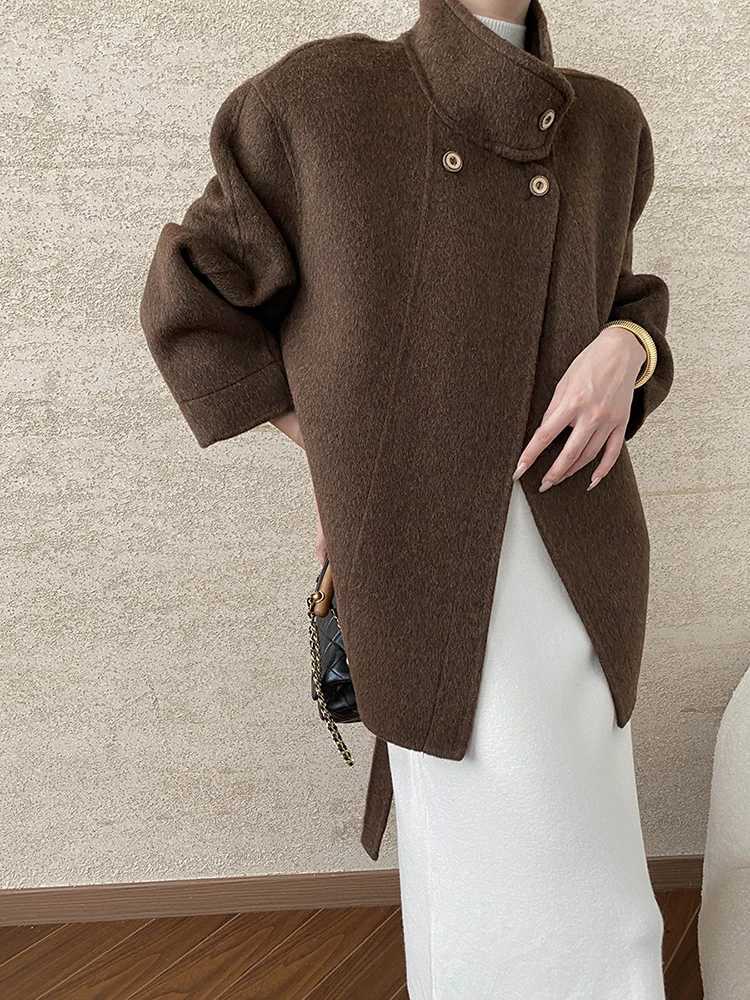 EAM Beige Belted Big Size Elegant Woolen Coat New Lapel Long Sleeve Women Jacket Fashion Tide Autumn Winter 2024 1DH7359X241009