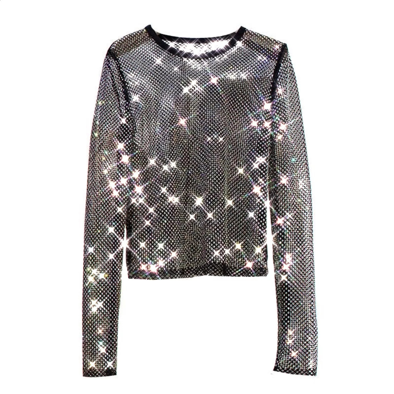 Womens Warm Rhinestone Round Neck Long Sleeve Bright Color Summer Starlight Hollow Shining Bottom Shirt Top Trend for Women 241017
