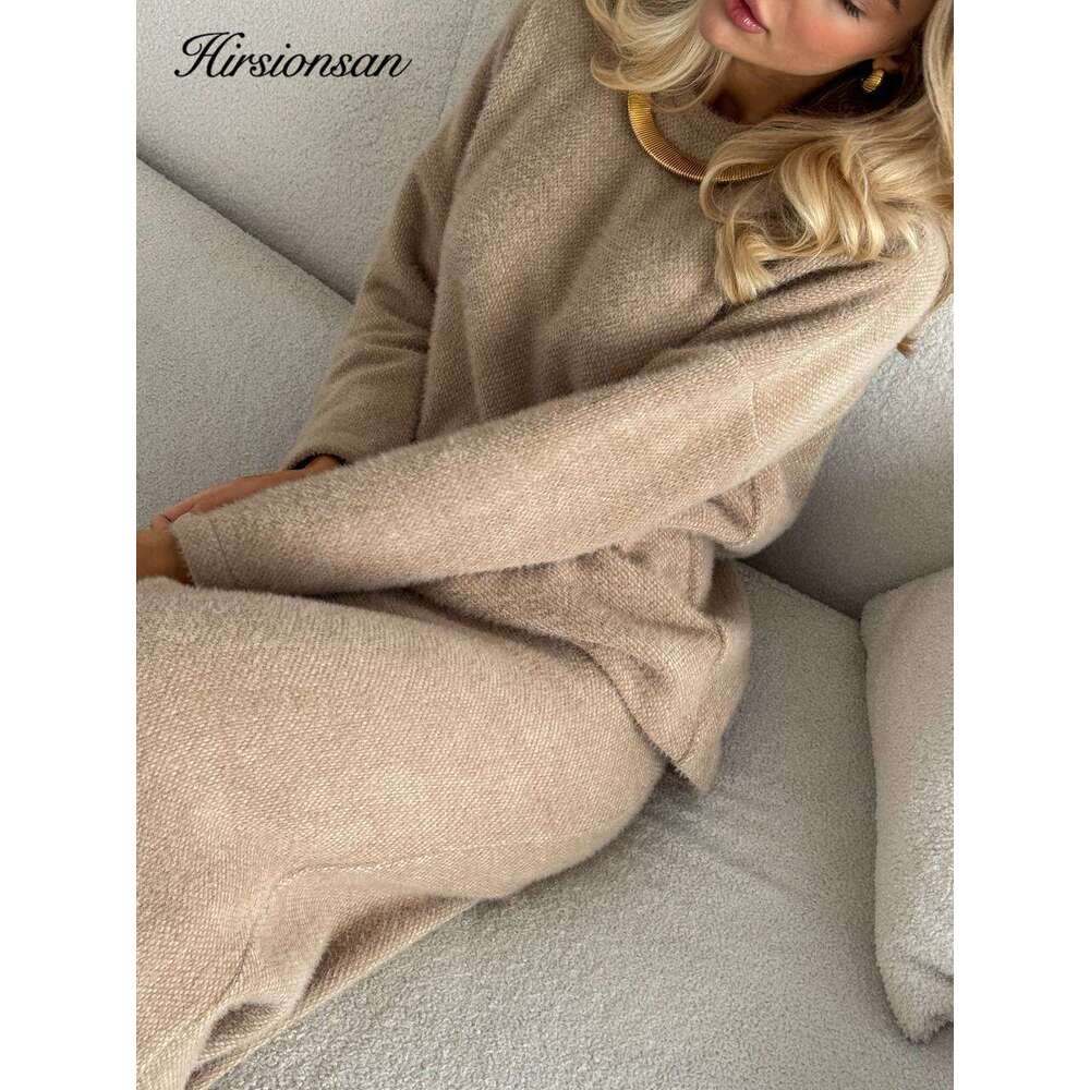 Hirsionsan Soft Elegant Vintage Women Suits 2 Pieces Female Skirt Sets O Neck Sweater & Midi Dress Knitted Tracuit