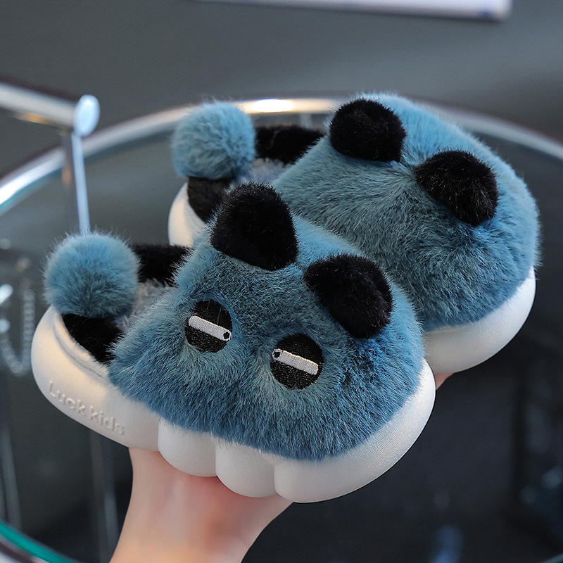 Panda children's cotton slippers for girls, indoor anti slip and warm with plush fur, boys' baby autumn and winter cotton slippers