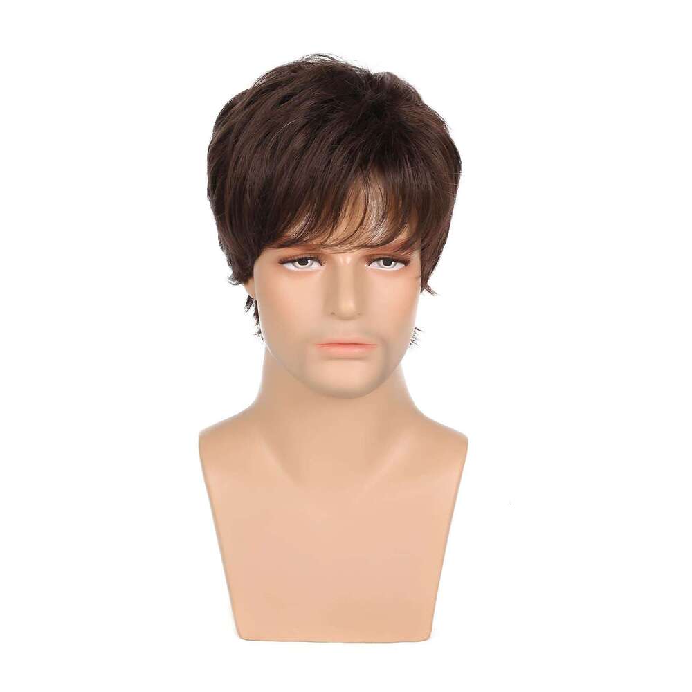 Men's Short Straight Brown Fluffy Wig Long Bangs Synthetic Headband Men Wigs