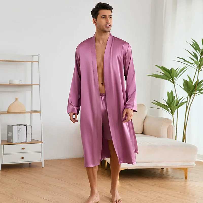 New Silky Satin Robe Suit Mens Robe shorts Set Nightwear Loose Male Kimono Pajamas Long Sleeved Bathrobes Solid Home ClothesXJ241018