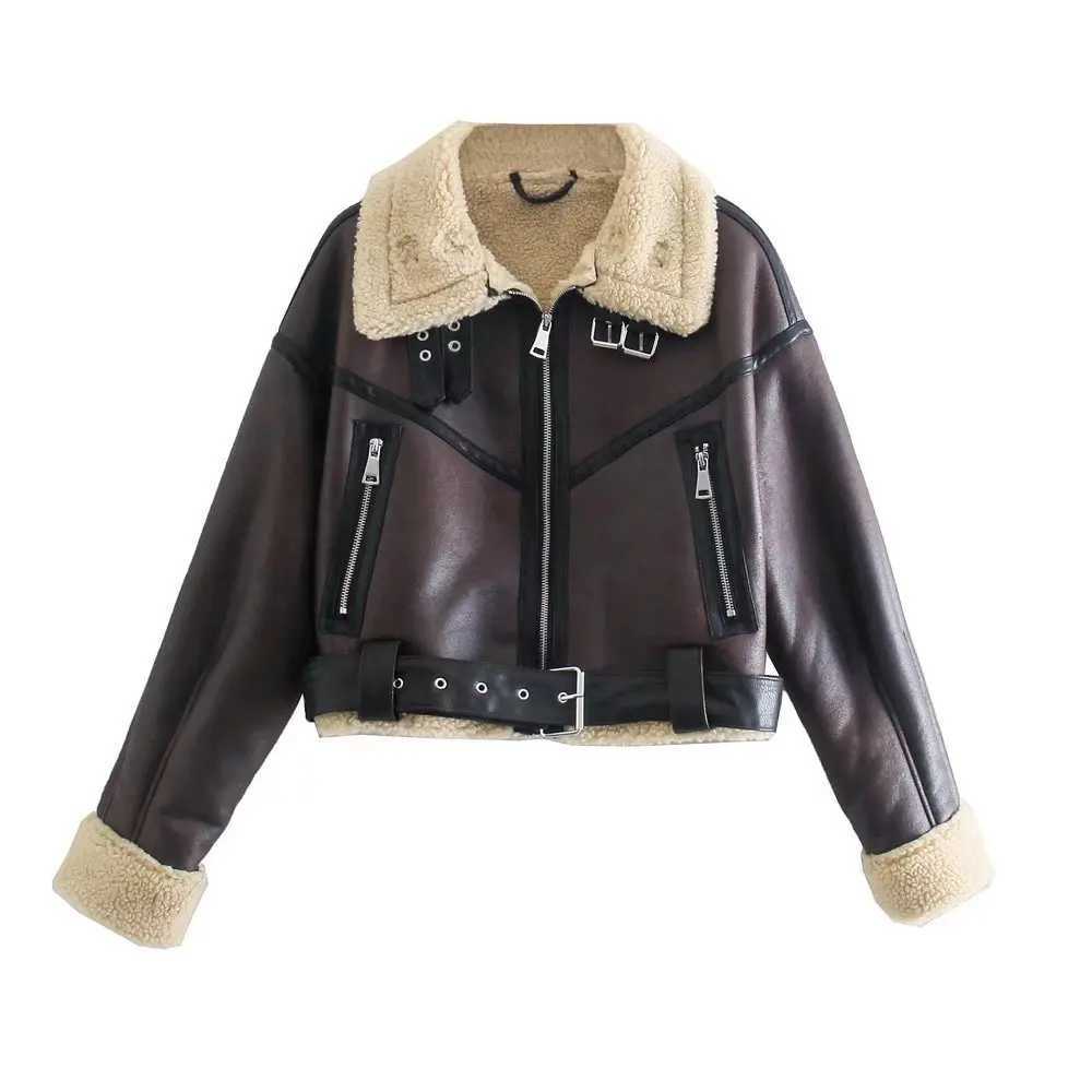 Women Jacket Winter Streetwear Faux Lamb Leather Fur Short Jacket with Belt Moto Biker Thick Warm Coat OutwearX241018