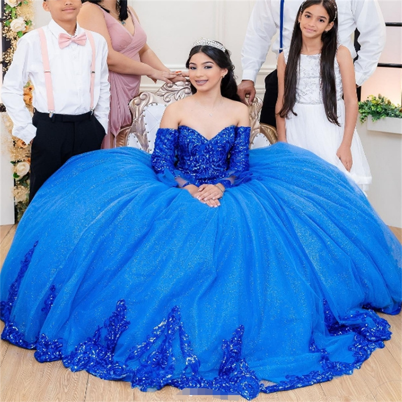 Beautiful Royal Blue Quinceanera Dresses Sparkly Sequin Ball Gown Birthday Dress Vestido De 15 Anos Debutante Charro Long Sleeve Corset Sweet 16 Dress