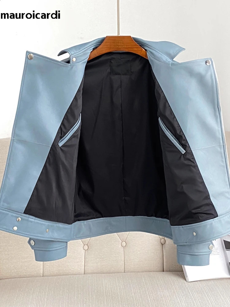 Mauroicardi Spring Autumn Short Blue Black Pu Leather Motorcycle Biker Jacket Men Long Sleeve Zipper Plus Size Outerwear 4xl 5xl 241017