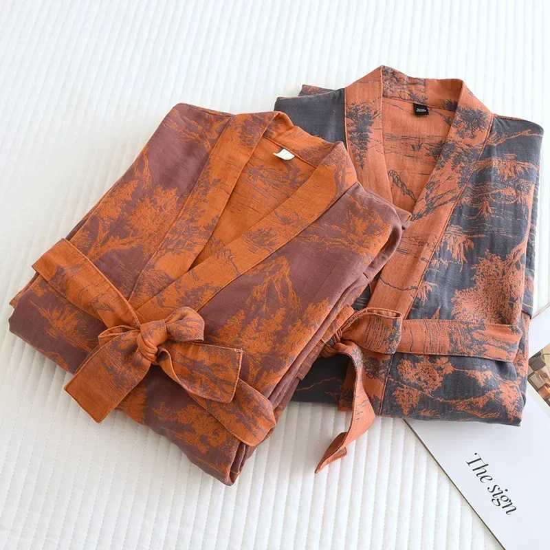 Womens Printed Cotton Loose Fitting Bathrobe Japanese Style Tie Up Kimono Bathrobe Sweat Steaming Cotton Pajamas Robes WomenXJ241018