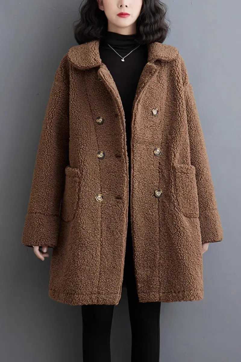 Large Size Womens Plush Jacket 2023 Autumn/Winter New Lapel Collar Lamb Wool Coat Cardigan Warm Medium Length Overcoat Z3997X241018