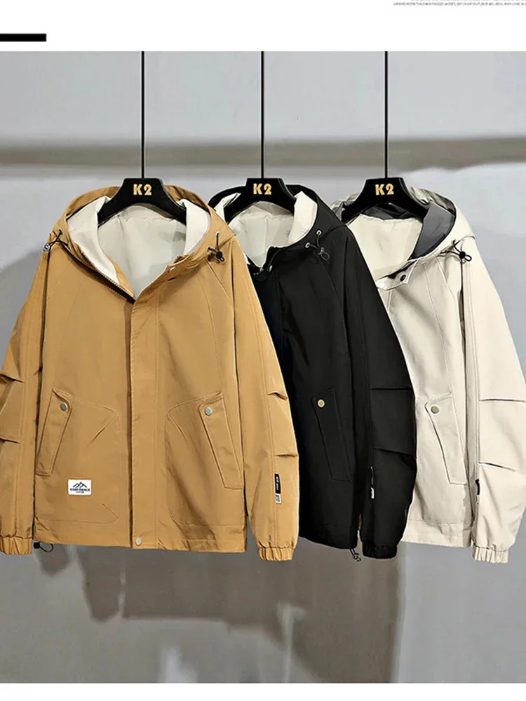 Korean Fashion Hooded Cargo Jacket Men Autumn Winter Loose Jackets Casual Coats High Street Hoodie Outwear 241018