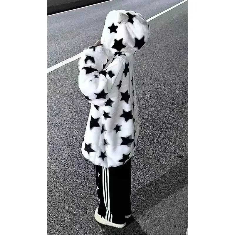 Harajuku Lamb Coat Jackets For Women New American Demon Star Print Velvet Thickened Suede Hoodies Goth Y2k Women ClothingX241018
