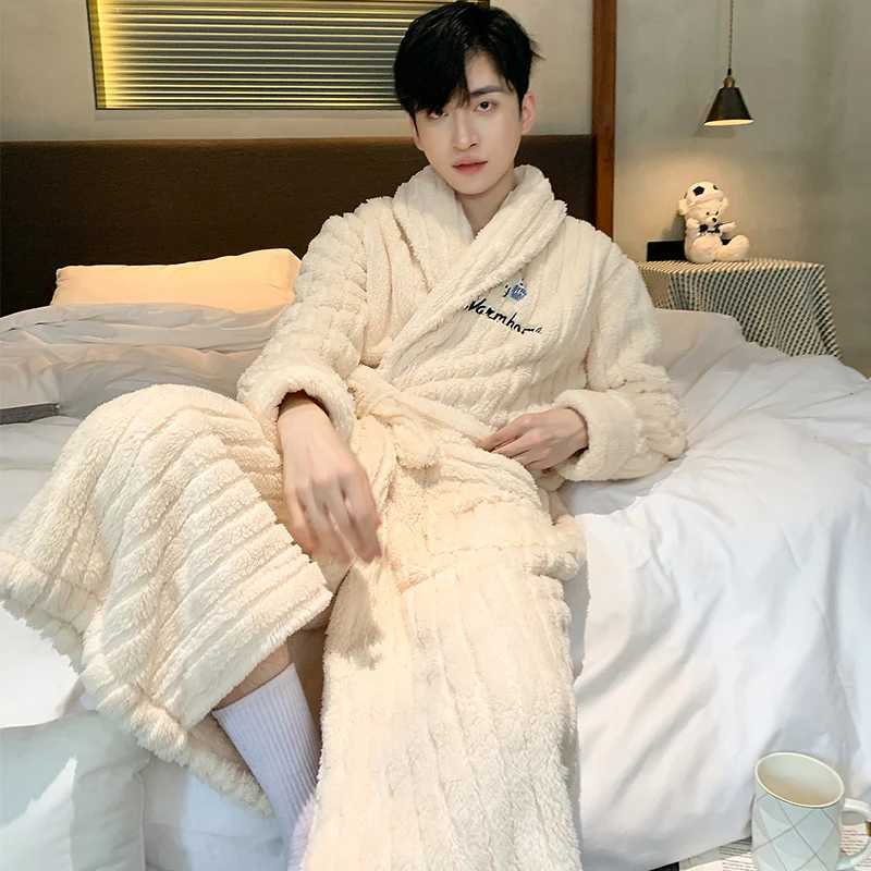 Autumn Winter Thickening Warm Flannel Bathrobe Men Dressing Gown Coral Fleece Bath Robe Male Sleepwear Nightgown Kimono HommeXJ241018