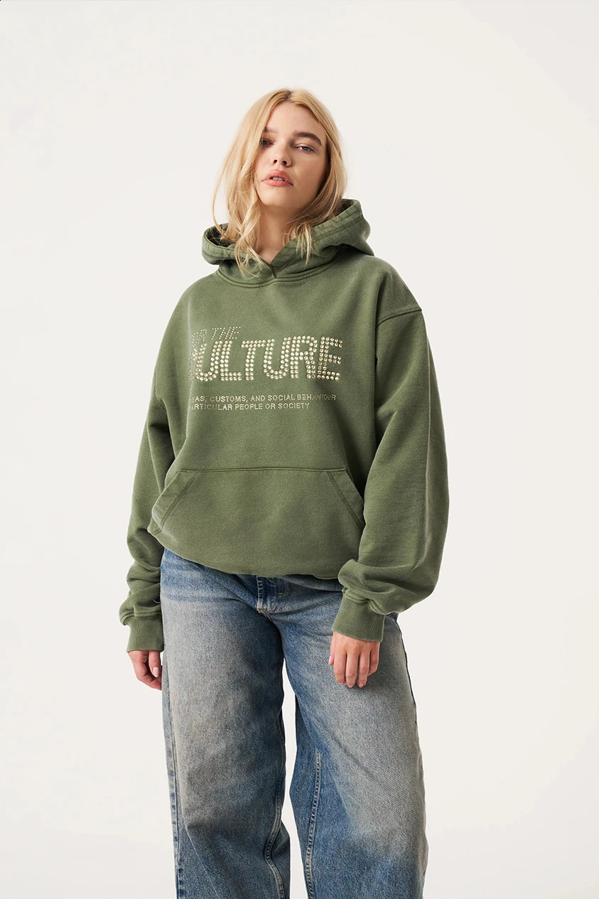 Y2K Rhinestone letter Fashion Green Winter pullover Hoodies Women Gothic Oversized Sweatshirts Female Retro Harajuku Hooded 241017