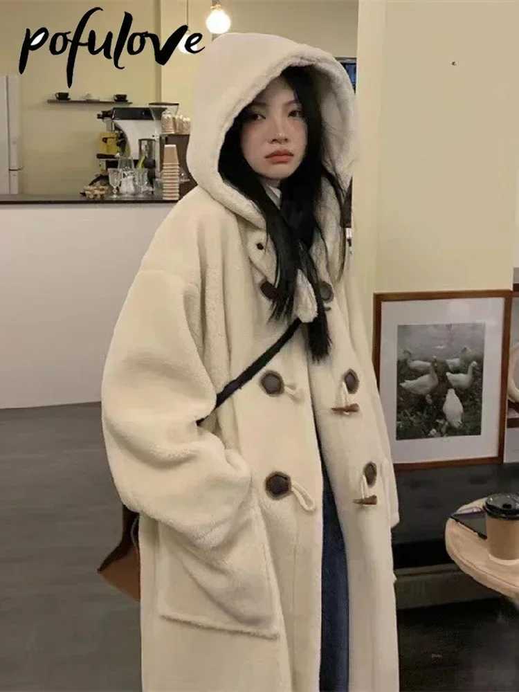 Lamb Wool Coats Woman Fleece Hoodies Jacket Cowhorn Button Loose Coat Winter Warm Female Mid Length Korean Thick OvercoatX241009
