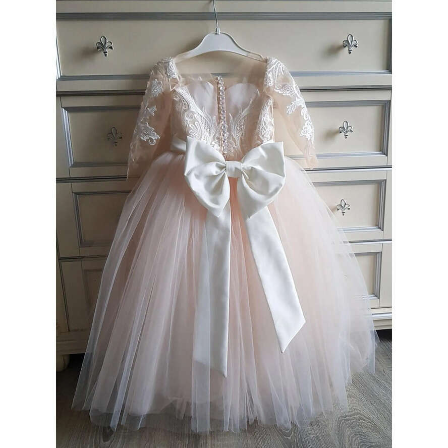 Wer Tulle Lace New Girls Dresses Long Sleeves For Child Wedding Party Bridesmaid Maxi Ball Gown Communion Evening Mc