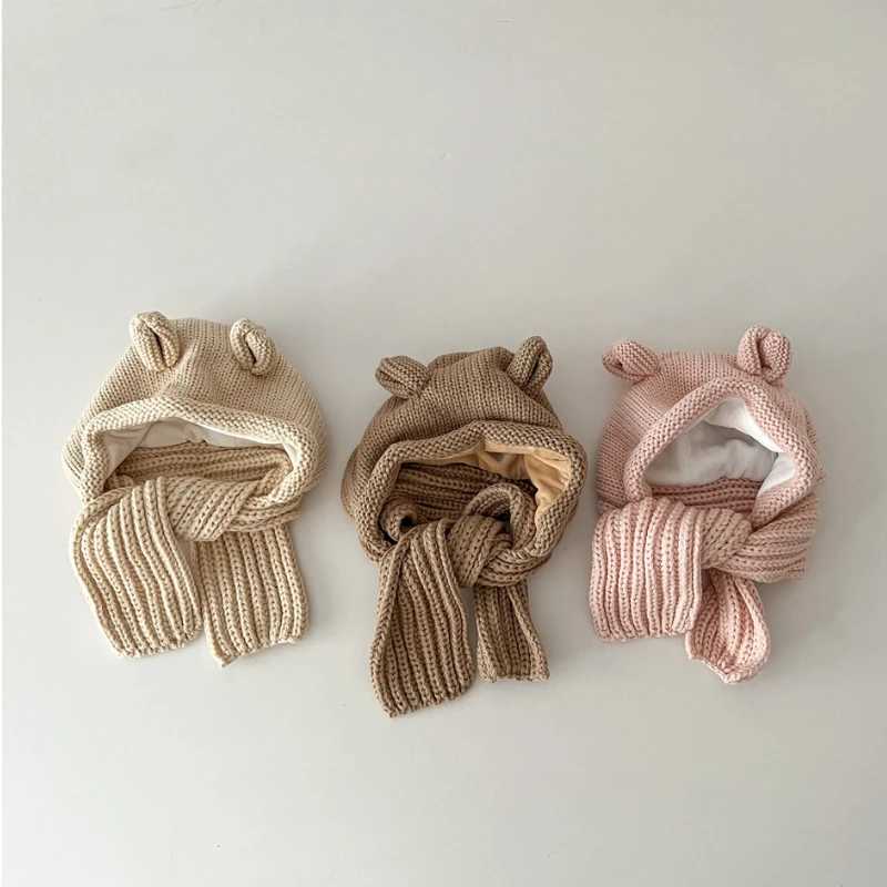 Winter Warm Bear Ear Baby Balaclava Hats One-Piece Hat Kids Ear Protection Cap Boy Girl Outdoor Windproof Hood Beanies LX241018
